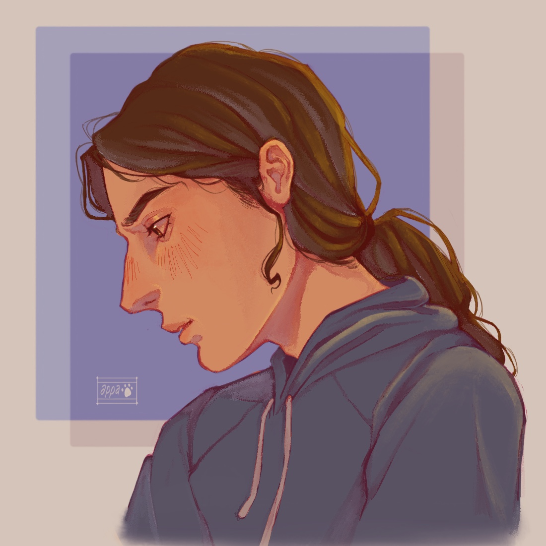 a side profile of me, a white fem with brown eyes and long brown hair in warm lighting. I'm wearing a blue hoodie and have my hair up in a ponytail. drawn by my lovely partner.